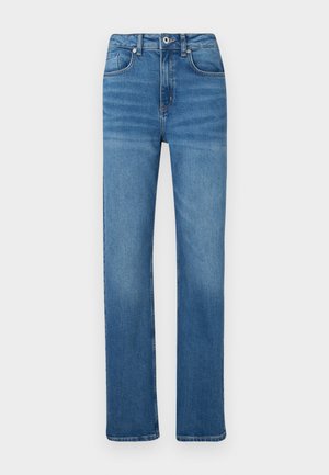 Siniset farkut suoralla leikkauksella, joissa on napitus ja vetoketju, viisi taskua ja hillitty haalistuminen lahkeissa.