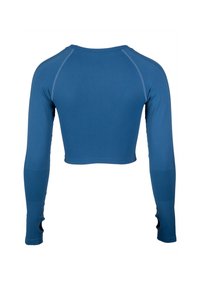 Gekürztes langärmliges Oberteil in Blau, aus dehnbarem Stoff gefertigt. Verfügt über Raglansleeves und Netzpaneelakzente an den Ellenbogen.