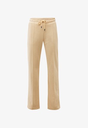 Beige, weite Hose aus weichem Stoff. Mit elastischem Bund und Kordelzug, seitlichen Nähten und einer glatten Textur. Geeignet für die Freizeit.