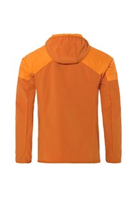 Giacca arancione con cappuccio, caratterizzata da pannelli a spalla di un arancione più chiaro, texture strutturata e un design aderente.