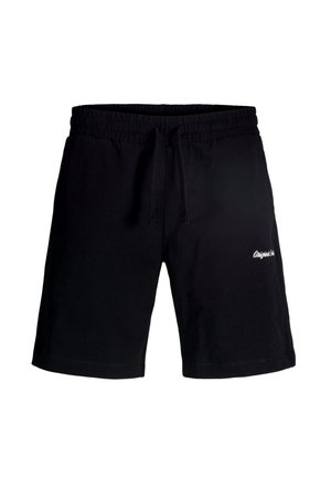 Black cotton sweat shorts with an elastic waistband and drawstring. Features white embroidered text on the side. Smooth texture, knee-length design.