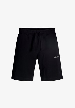 Čierne bavlnené šortky na potenie s elastickým pásom a šnúrkou. Na boku biely vyšívaný nápis. Hladká textúra, dizajn po kolená.