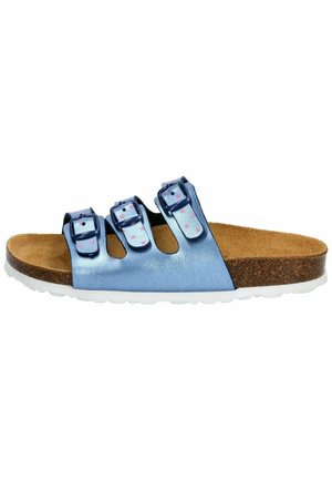 Blue metallic slide sandal with three adjustable buckles, a footbed made of cork, and a white rubber outsole. Features star patterns on straps.
