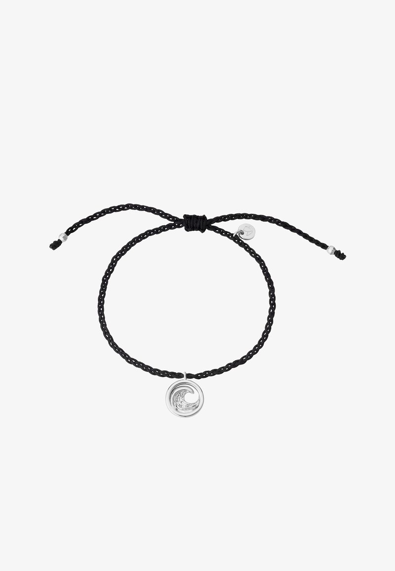 Black braided cord bracelet featuring a circular silver wave pendant, adjustable design with metal accents, smooth texture.