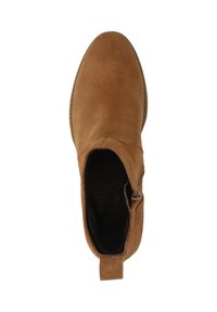 Braune Wildleder-Ankle Boots mit einem seitlichen Reißverschluss, runder Zehenform, glatter Textur und einem Zugband an der Ferse für einfaches Anziehen.