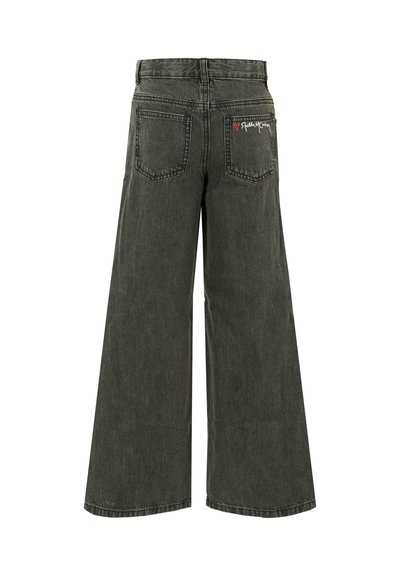 Jeans a gamba larga in denim grigio scuro, con vita alta, due tasche posteriori e un piccolo logo ricamato vicino alla tasca destra.