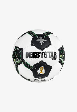 Palla da calcio bianca e nera con accenti verdi, dotata di un design a stella e loghi. Il testo riporta "DERBYSTAR" e "DFB-POKAL." Progettata per il gioco.