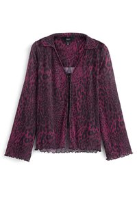 Blouse à manches longues en imprimé léopard rose et noir, avec col, texture transparente et ourlet festonné, dotée d'une fermeture éclair frontale.