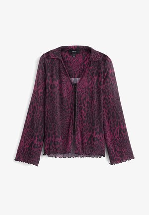 Roze en zwarte leopardprint blouse met lange mouwen, een kraag, doorschijnende textuur en een golvende zoom, voorzien van een ritssluiting aan de voorkant.