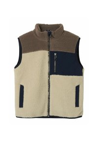 Vilnas veste ar augstu apkakli; brūna augšdaļa, krēmkrāsas apakša un tumši zila sānu daļa. Iespējas ietver priekšējo rāvējslēdzēju un sānu kabatas ar kontrastējošām krāsām.