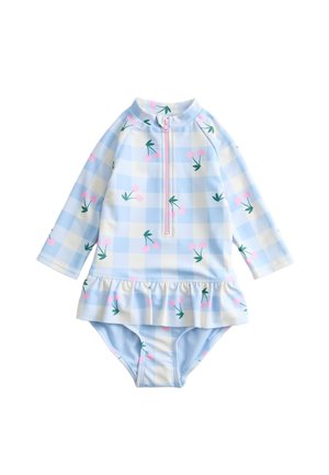 Dwuczęściowy kostium kąpielowy dla malucha z długim rękawem, w jasnoniebiesko-kremową kratę, z różowymi nadrukami wiśni, zamkiem błyskawicznym z przodu i falbanką na spodniej części.