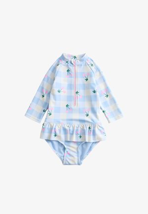 Costume da bagno per bambino con maniche lunghe, a quadri azzurro chiaro e crema, stampa di ciliegie rosa, cerniera frontale e dettaglio con gonna arricciata.