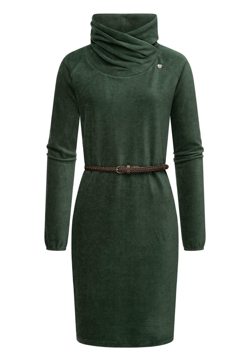 Abito a maniche lunghe di colore verde scuro, realizzato in tessuto morbido. Presenta un collo a giro e una cintura intrecciata marrone in vita. Design semplice con una silhouette aderente.