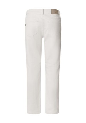 Jean blanc à jambe droite vu de dos avec deux poches arrière et une étiquette de marque en cuir marron sur la ceinture.