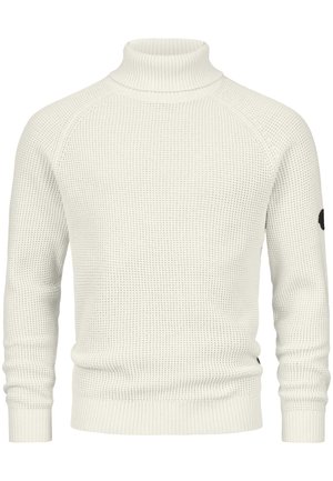Suéter blanco de cuello alto de punto con patrón texturizado, puños y dobladillo acanalados, que presenta un parche con el logo en la manga izquierda.