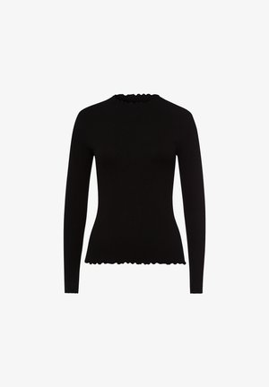 Schwarz langärmliges, geripptes Oberteil mit gewelltem Hals- und Saumabschluss. Hergestellt aus elastischem Material, bietet es eine enganliegende Silhouette und ein strukturiertes Design.