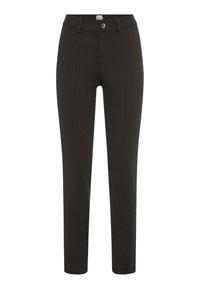 Schwarze, figurbetonte Hosen aus glattem Stoff mit mittelhohem Bund, vorderen Taschen und einem kleinen Metallknopf-Detail am Bund.