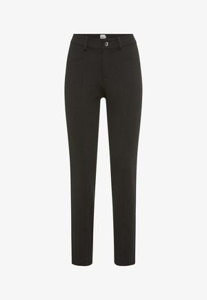 Pantalons noirs ajustés en tissu lisse avec une taille mi-haute, des poches avant et un petit détail en métal au niveau de la ceinture.