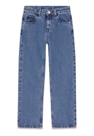 Blå straight-leg denim jeans med forlommer, bæltestropper og knaplukning, lagt fladt på en hvid baggrund.