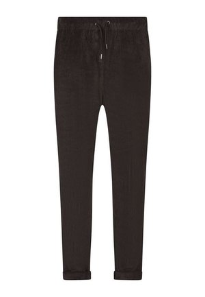 Pantalon en velours côtelé marron foncé avec taille à cordon et revers roulés, présenté à plat sur un fond blanc.