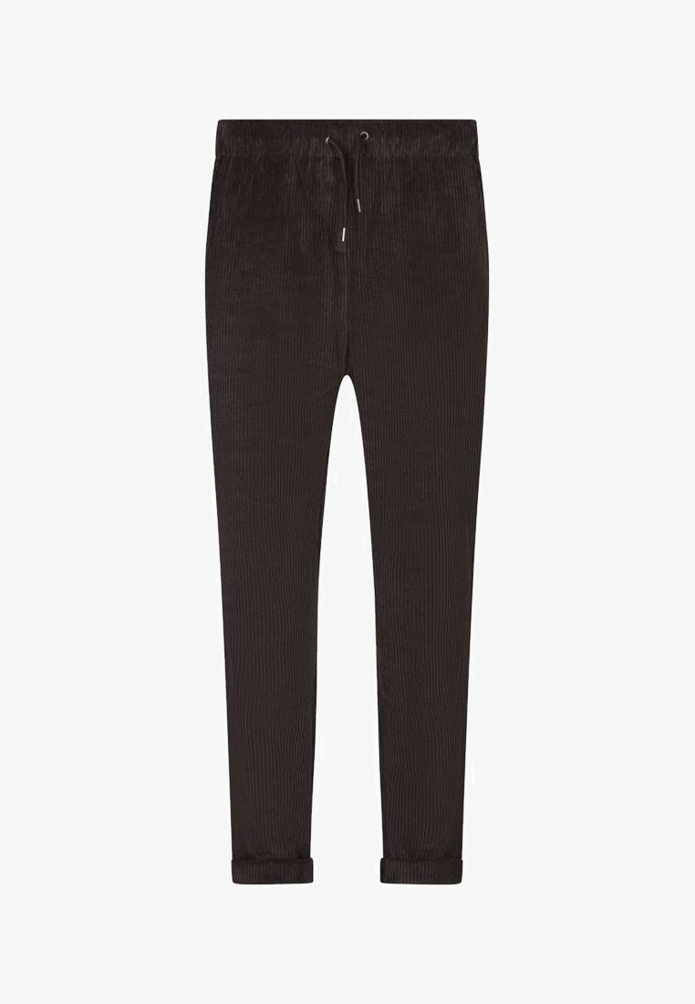 Pantalon en velours côtelé marron foncé avec taille à cordon et revers roulés, présenté à plat sur un fond blanc.