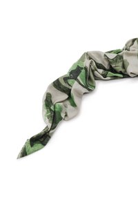 Sciarpa a motivo verde e beige, realizzata in tessuto morbido, con design astratti di foglie. Leggera e con una forma fluida. Stile attorcigliato disteso.