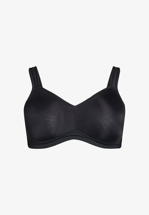 Soutien-gorge sans fil noir avec un tissu lisse et extensible, une forme de bonnet arrondie et des bretelles ajustables. Couture minimale et sans rembourrage.