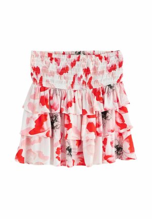 Mehrlagiger Rock mit gesmoktem Bund. Hergestellt aus leichtem Stoff mit einem roten und rosa Blumenmuster, inklusive schwarzer Blumenakzente.