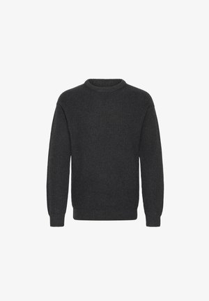 Dunkelgrauer, gerippter Strickpullover mit Rundhalsausschnitt, langen Ärmeln und lockerer Passform, der eine strukturierte Oberfläche aufweist.