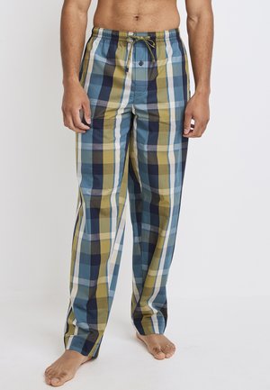 Checkered lounge pants featuring blue, green, yellow, and navy colors. Made of lightweight fabric with an elastic waistband and drawstring.