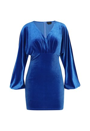 Abito in velluto blu con una silhouette aderente, scollatura a V profonda e lunghe maniche a palloncino. Presenta una cucitura centrale e chiusura con zip sul retro.