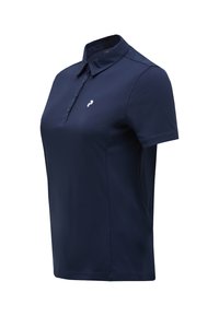 Marineblaues Polohemd aus glattem, leichtem Stoff. Mit Kragen, kurzen Ärmeln und einer Knopfleiste mit drei Knöpfen. Enthält ein kleines Logodesign.