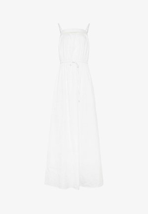 Valkoinen hihaton maksimekko, jossa ohuet olkaimet, joustava vyötärö ja etupuolelta solmittava nauhavyö, esillä yksinkertaisella taustalla.