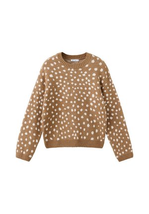 Brown long-sleeve sweater with white irregular polka dots, crew neck, and ribbed cuffs and hem.