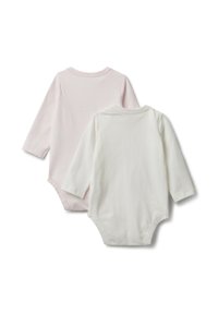 Due bodysuit per neonati a maniche lunghe, uno rosa chiaro e uno bianco, mostrati distesi con i retro rivolti verso l'alto su uno sfondo bianco.