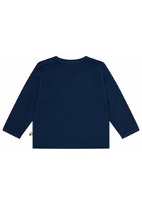 Langärmliges navy-blaues Shirt mit strukturiertem Rippdesign, Rundhalsausschnitt und einem kleinen Etikett mit mehrfarbigen Akzenten am Saum.