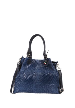 Blue leather handbag with woven texture featuring two handles, a detachable shoulder strap, and a small Italian flag charm.