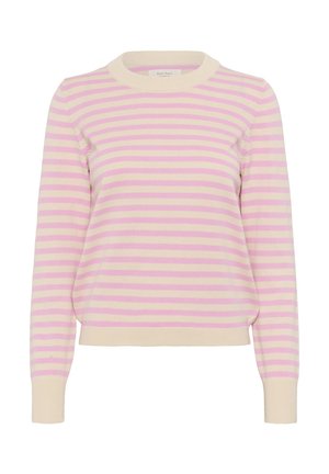 Striped knit sweater featuring light pink and cream stripes, round neckline, ribbed cuffs, and hem. Made from soft fabric with slight texture.