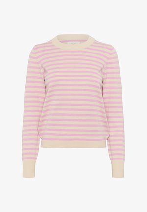Pullover tricotat cu dungi, având dungi de roz deschis și crem, guler rotund, manșete și tiv cu nervuri. Fabricat dintr-un material moale cu o ușoară textură.