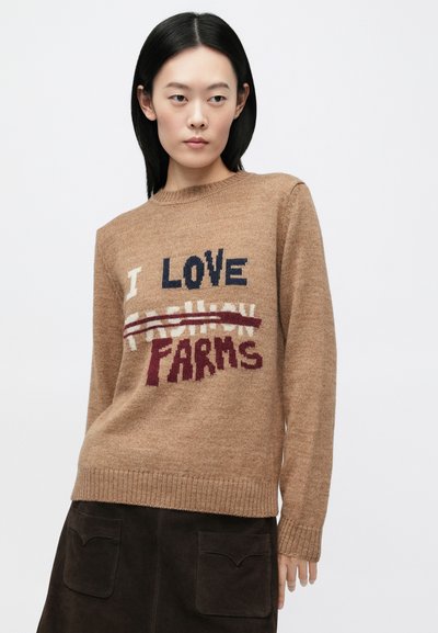 Rjavo pleten pulover z napisom: "RAD IMAM KMETIJSTVO" z prečrtano besedo "SVEŽE". Rebrast izrez in manšete, mehka tekstura in običajen kroj.