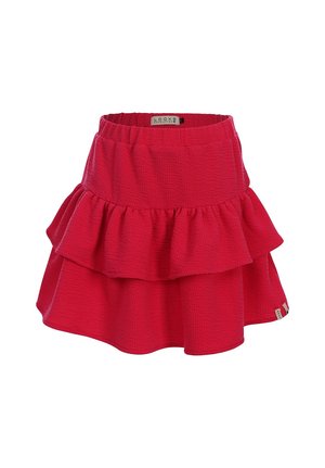 Rode gelaagde rok met ruches en elastische tailleband, gemaakt van gestructureerde stof, met een klein merklapje aan de onderzoom.