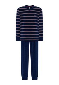 Conjunto de pijama de terciopelo marina con top de manga larga y escote en V, que presenta rayas horizontales blancas y rojas. Pantalones lisos en color marino a juego con puños.