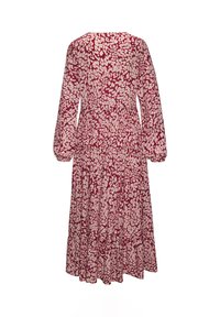 Bordeauxfarbenes Kleid mit langen Puffärmeln, einem floralem Muster in Creme, tailliertem Schnitt und einem fließenden Rock mit gestuften Details.