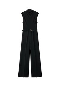 Mono negro sin mangas con cuello alto, cintura ceñida con cinturón, pantalones de pierna ancha y textura de tela suave. No hay patrones ni acentos visibles.