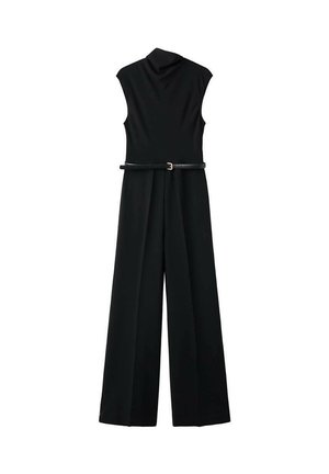 Schwarzer ärmelloser Jumpsuit mit hohem Kragen, tailliertem Gürtel, weit geschnittenen Hosenbeinen und glatter Stoffoberfläche. Keine Muster oder Akzente sichtbar.