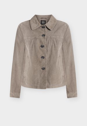 Šedohnědá manšestrová bunda s dlouhými rukávy, pěti černými knoflíky vpředu, dvěma bočními kapsami a rozloženým límcem.