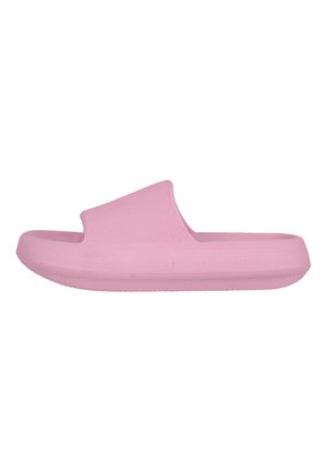 Roze slip-on sandaal met dikke zool en brede band, ontworpen voor casual gebruik en gemakkelijk aan- en uittrekken.