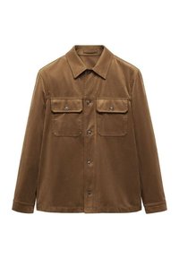 Veste en coton marron avec col à revers, deux poches poitrine et fermeture par boutons. Présente une texture unie et des manches longues.