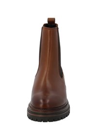 Bruna läderankelboots med elastiska sidor, rund tå och en strukturerad svart gummisula. Loopflik baktill för enkel påtagning.