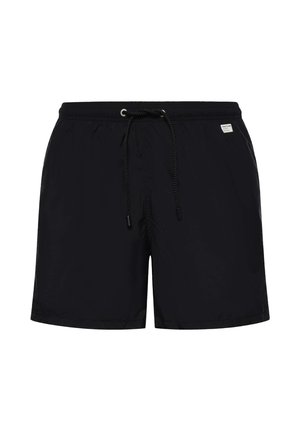 Short de bain noir avec taille réglable par cordon et petite étiquette blanche sur le côté droit.
